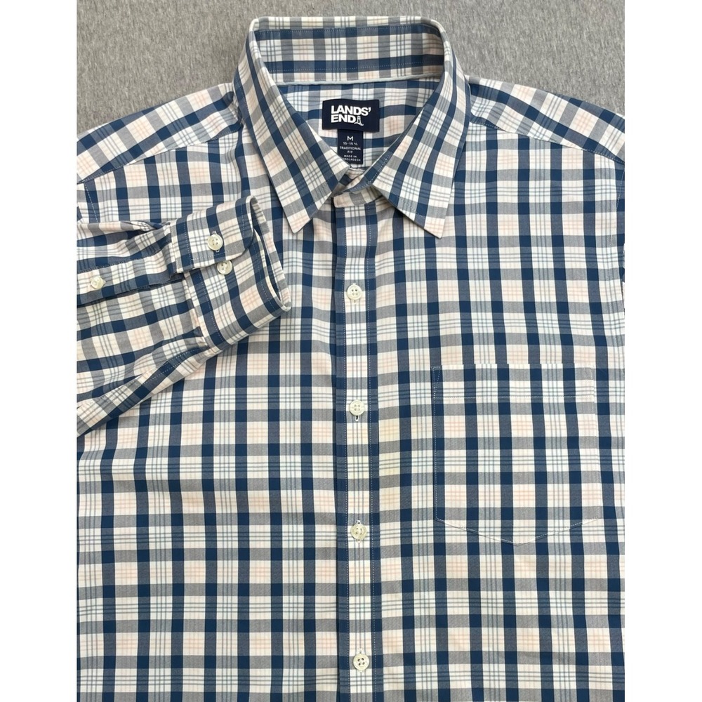 Lands End Shirt Mens Medium (15-15.5) Plaid Cotton Blend Stretch Button Up